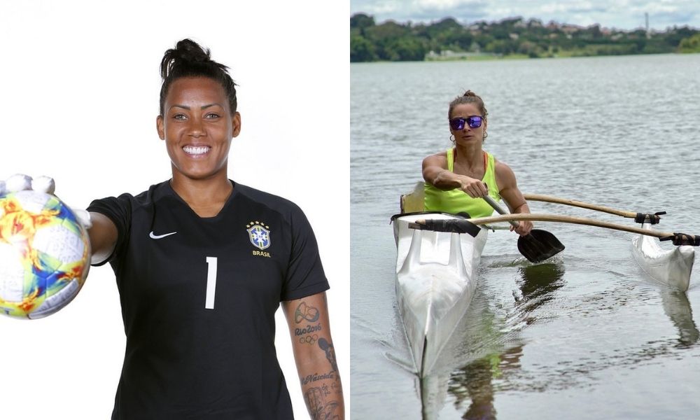 A imagem mostra duas fotos. À esquerda, a goleira Barbara com luvas de futebol fazendo segurando uma bola. À direita, Andrea Pontes em uma canoa dentro do rio, praticando a canoagem
