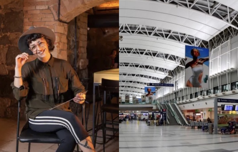 Foto dividida em duas. À esquerda, mulher sentada em banqueta alta. À direita, parte interna de aeroporto.