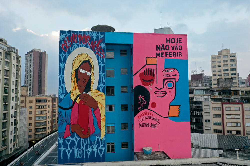 imagem de grafite pintado em fachada de prédio adjacente ao minhocão