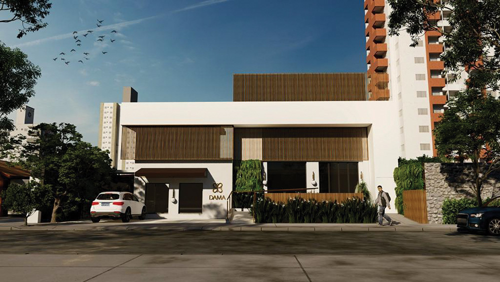 Projeto 3D da fachada da Confeitaria Dama em Pinheiros.