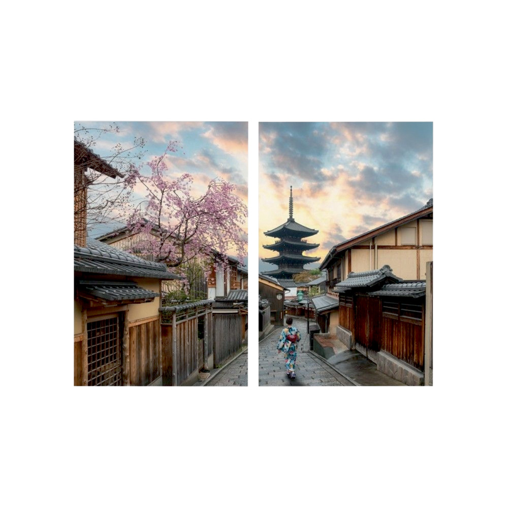 Quadro dividido ao meio em duas partes mostra paisagem no Japão, com árvore de folhas rosas e prédios típicos