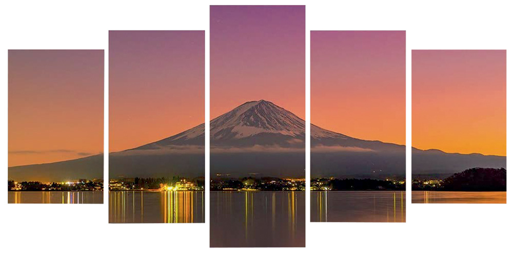 Quadro dividido em cinco partes retratam o Monte Fuji, no Japão, no por do sol