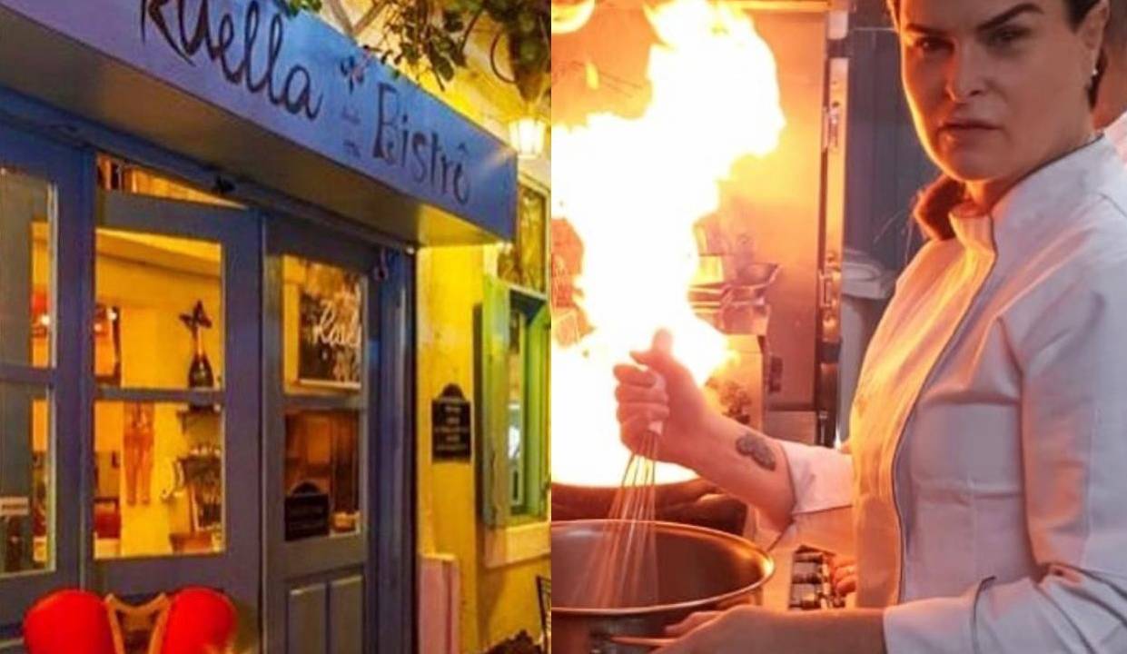 Duas fotos divididas, à esquerda a fachada do restaurante Ruella Bistrô e, à direita, retrato da chef Danielle Dahoui