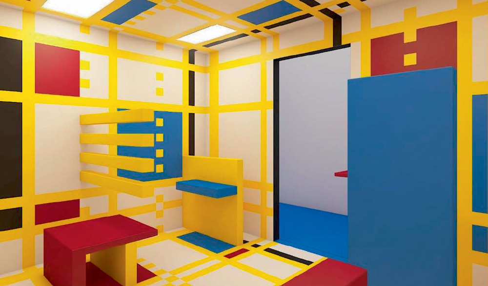 Projeto em computação de uma exposição. Uma sala é estampada nas cores azul, amarelo e vermelho e formas quadradas