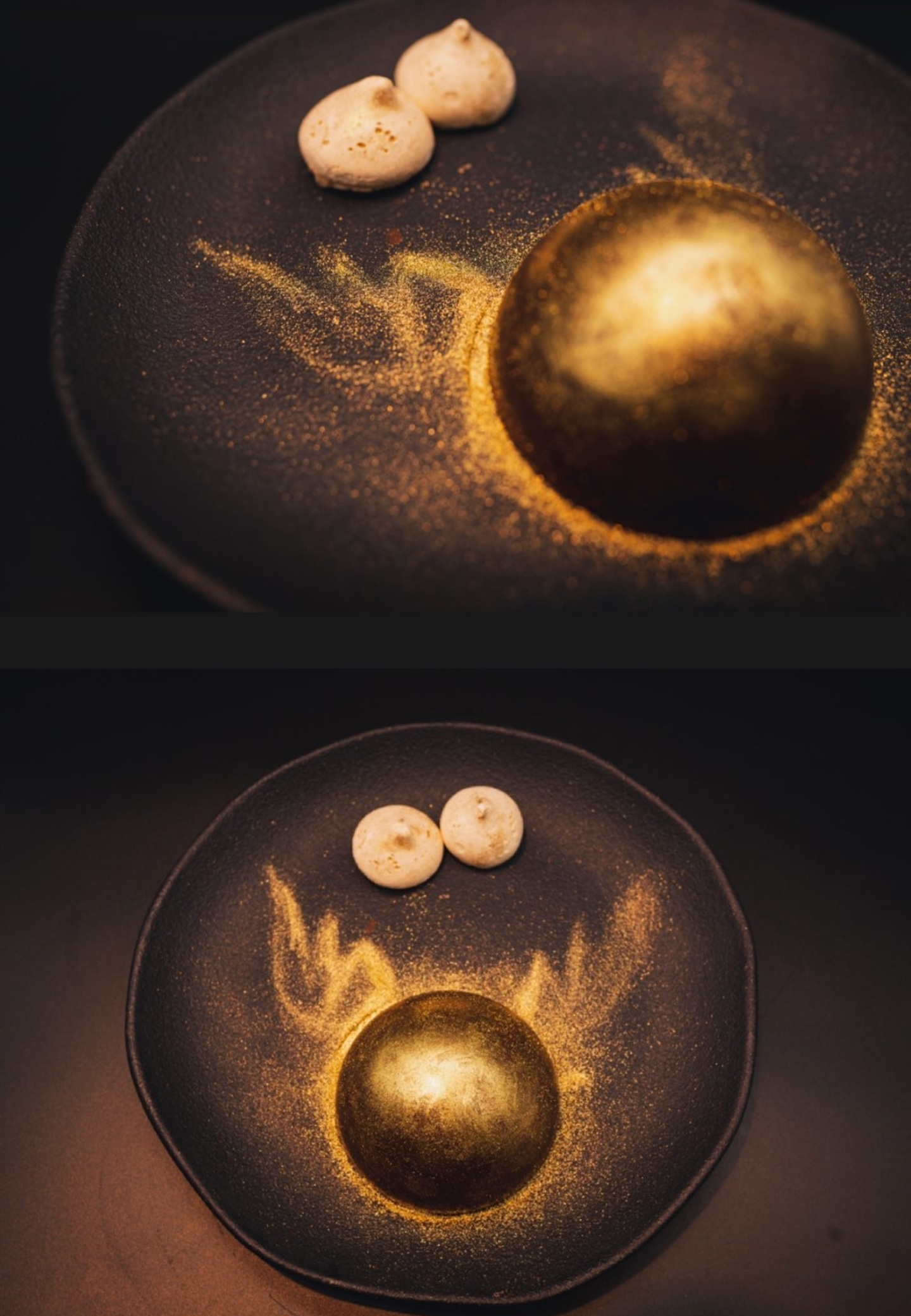 Imagem mostra prato, com bola dourada de chocolate no canto de um prato