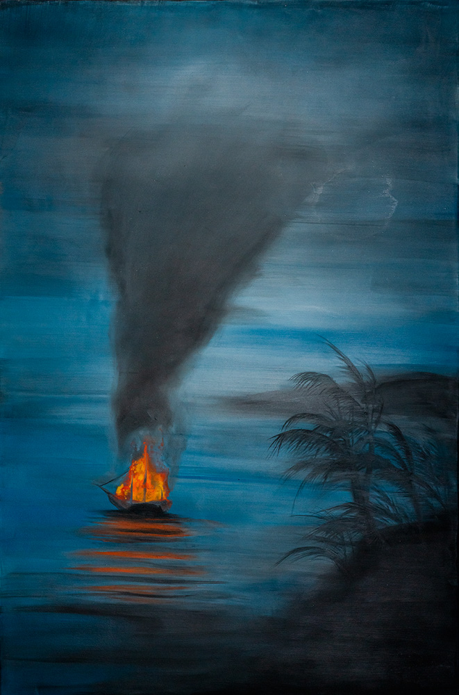 paisagem de mar com uma caravela pegando fogo e soltando fumaça cinza