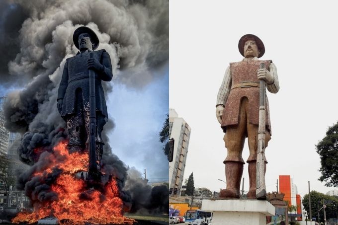 imagem dividida em duas. à esquerda, estátua de borba gato em chamas, à direita, estátua de borba gato antes das chamas
