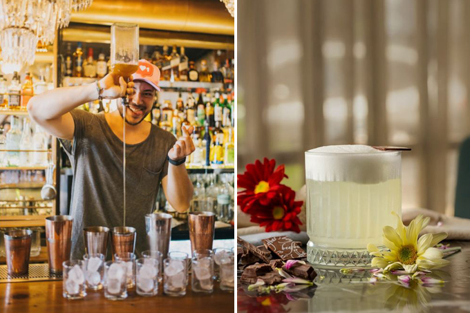 Duas imagens verticais unidas por linha fina branca. À esquerda, bartender preparando drinque. À direita, drinque claro com espuma ao lado de flores.