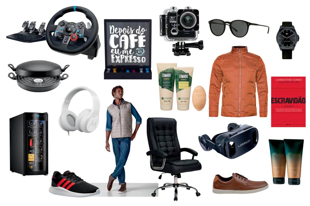 Uma montagem com itens diversos. Tem adega, volante de videogame, churrasqueira, óculos, relógio, fone de ouvido, sapatos, cremes, livro, porta-cápsula de café e câmera
