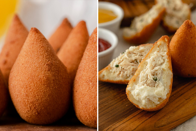 Duas imagens verticais unidas por linha fina branca. À esquerda coxinhas fritas da Real em pé uma ao lado da outra. À direita, coxinha aberta ao meio com frango e catupiry visíveis sobre mesa de madeira.