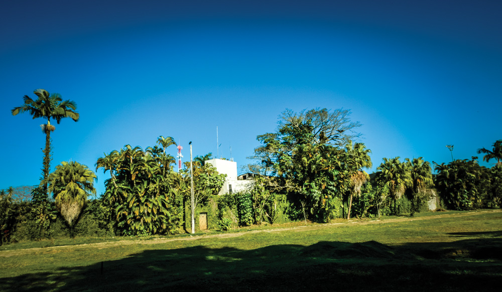 vista externa da casa de pelé tirada de longe, com bastante grama no primeiro plano e a fachada da casa com diversas árvores em volta e na frente