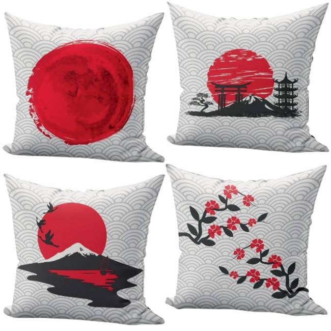 Quatro almofadas brancas com detalhes em vermelho e preto. Uma tem a bandeira do Japão, outra flores, outra o Monte Fuji e outra símbolos japoneses