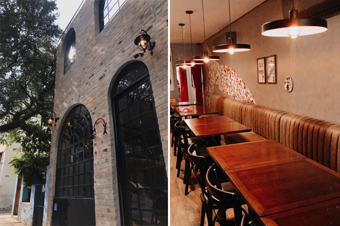 Duas imagens verticais do restaurante Me.Vá unidas por linha fina branca. À esquerda, fachada em estilo medieval. À direita, salão com mesas e banco estofado contínuo.