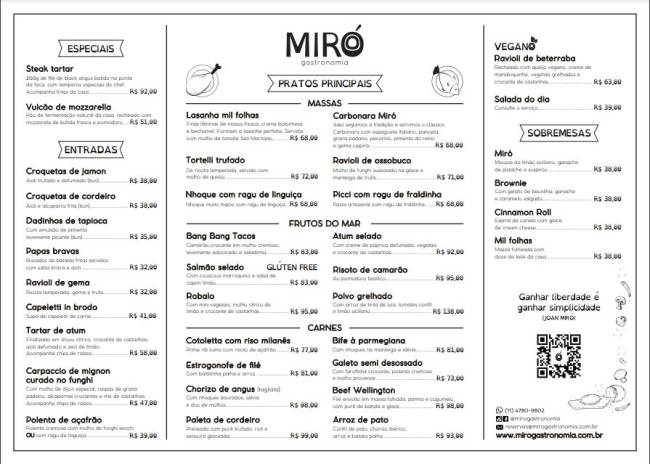 Miró Gastronomia Print do cardápio do Miró Gastronomia.