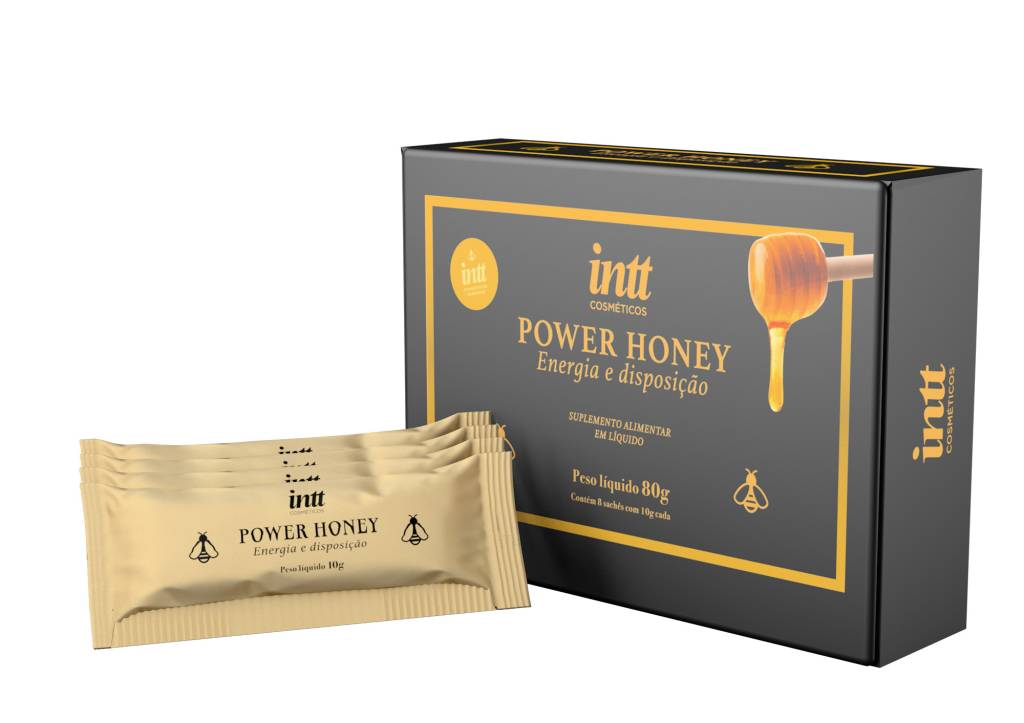 Com fundo branco, imagem mostra caixa e sachês de Power Honey, suplemento alimentar energético.