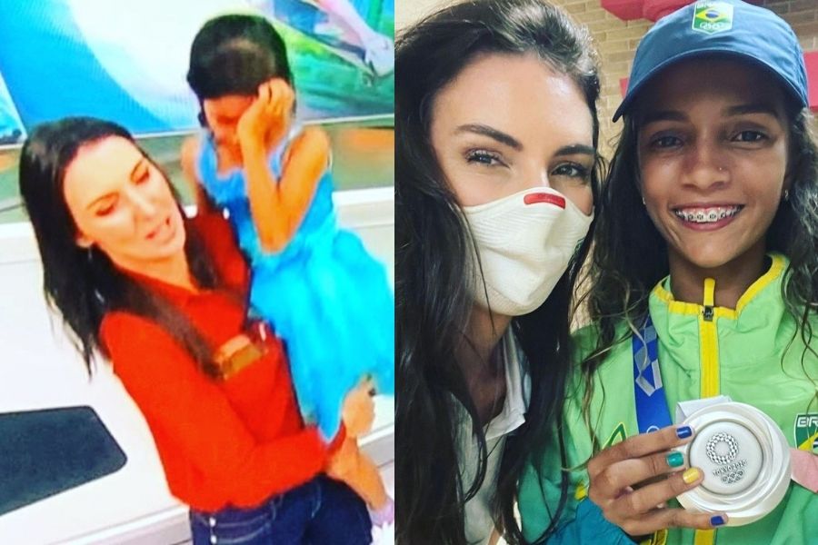 imagem dividida em duas: na esquerda, glenda kozlowski segurando rayssa leal no colo durante programa de tv. rayssa está chorando. na direita, glenda e rayssa posando para a foto em tóquio com a menina segurando sua medalha. as duas estão sorrindo e glenda está de máscara