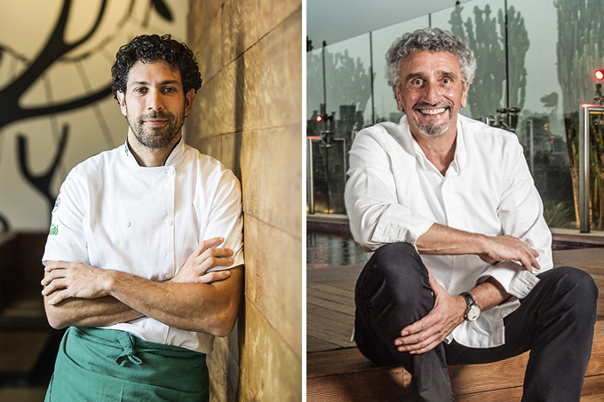 Duas fotos verticais unidas por linha fina branca. À esquerda o chef Rodrigo Oliveira de dólmã e avental verde encostado em parede. À direita o chef Emmanuel Bassoleil sentado na escada do Skye.