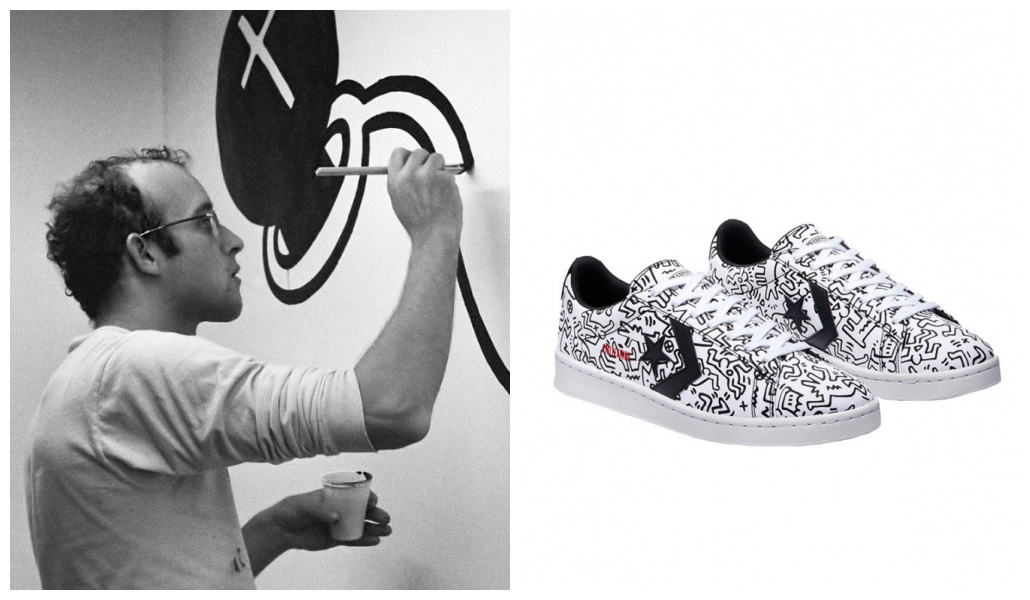 Imagem dividida em duas. Keith Haring pintando. Tênis da All Star inspirado nele.