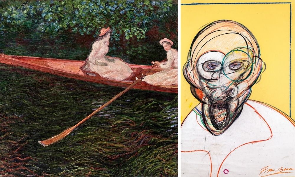 A imagem é uma montagem com duas obras. À esquerda, uma pintura com duas moças de vestido em uma canoa. À direita, a obra de Bacon, é um homem careca pintado de forma artística, em um fundo amarelo.