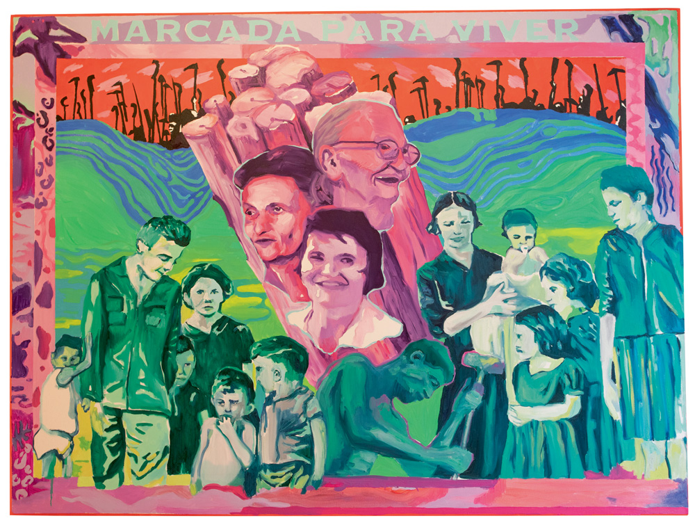 Foto é de uma pintura em tela que tem várias pessoas retratadas em grupos com cores distintas, em rosa e verde. Há crianças, idosos e adultos