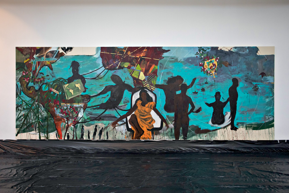 A imagem mostra uma pintura de Arjan Martins. Nela, há silhueta de pessoas e, no centro, uma mulher negra sem rosto.
