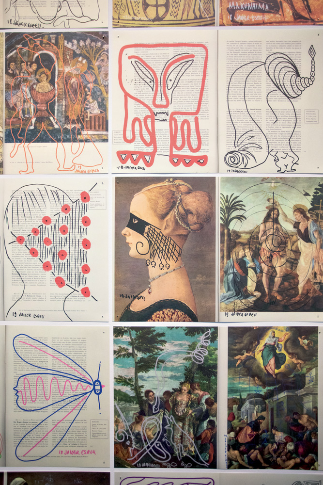 BIENAL A imagem mostra nove artes feitas por Esbell. Elas incluem traços por cima de pinturas antigas.