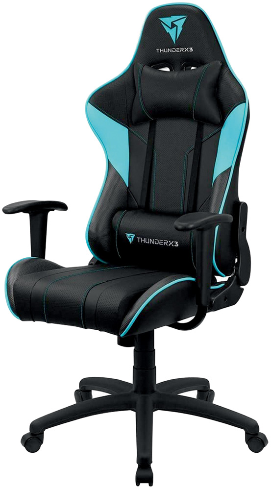 Uma cadeira gamer preta com detalhes em azul claro