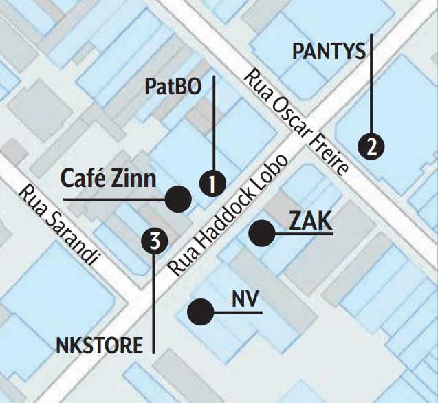 mapa da região da haddock lobo entre as ruas oscar freire e sarandi, com identificação de localização das logas pantys, parbo, zak, nv, café zinn e nk store