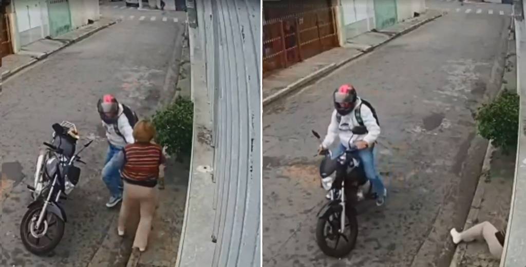 A montagem mostra dois frames do mesmo vídeo. No primeiro, o assaltante com a mão no peito da senhora. No segundo, a senhora já no chão e o assaltante fugindo sobre sua moto.