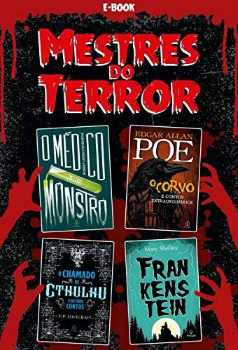 Capa da coletânea Mestres do Terror. Tem montagem dos quatro livros separados em um fundo vermelho e preto