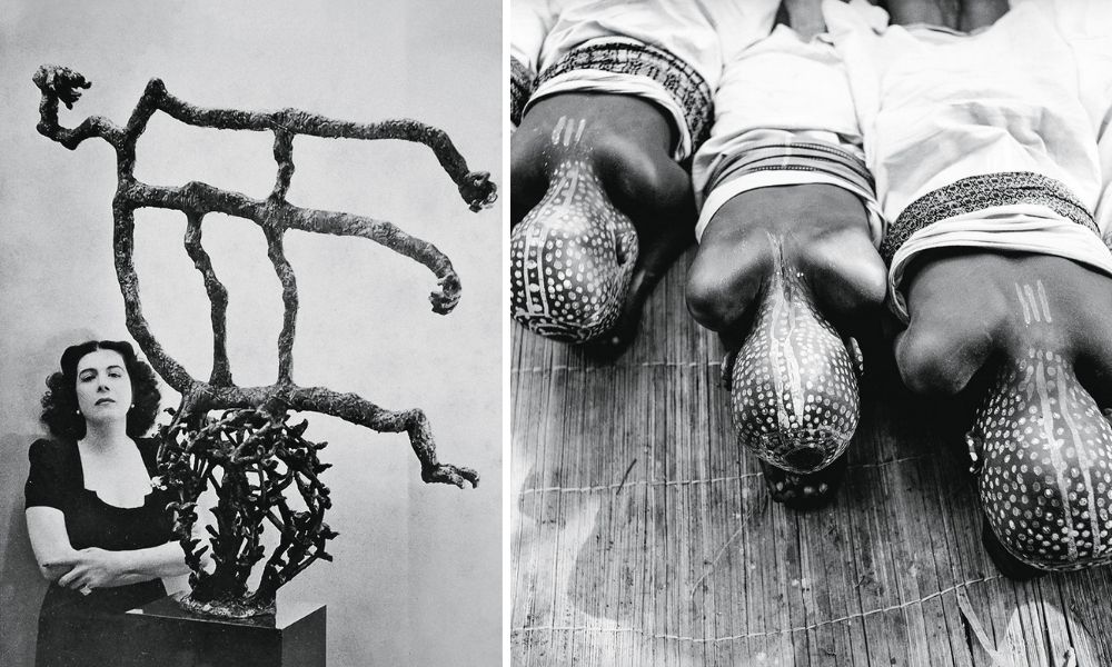 Pierre Verger Maria Martins Arte Montagem com duas fotos. À esquerda, uma imagem mostra Maria Martins, de braços cruzados, ao lado de uma escultura surrealista feita por ela. São quatro galhos espinhentos, fazendo a forma de uma bola. Em cima deles, há outros galhos mais grossos e sem espinhos e sem formato definido. À direita, uma imagem, em preto e branco, mostra três pessoas negras, com a cabeça inteira pintada, deitadas no chão. Ela estão com a cara virada para o chão, então é visto suas nucas e a pintura nelas.