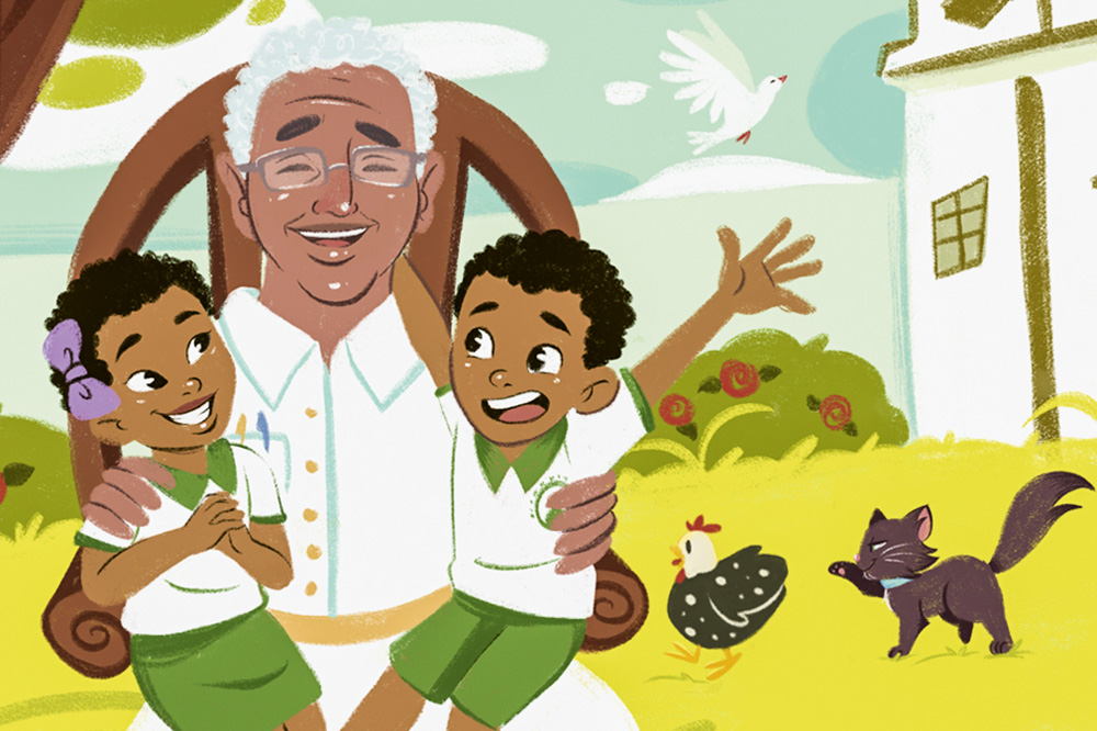 Uma ilustração mostra um senhor, em uma fazenda, com duas crianças no colo, rindo e conversando