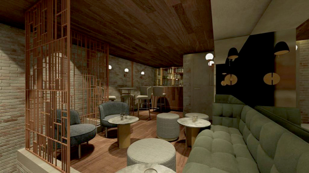 Projeção 3D do ambiente do Il Covo, há um pequeno balcão, sofás, poltronas e pequenas mesas de apoio.