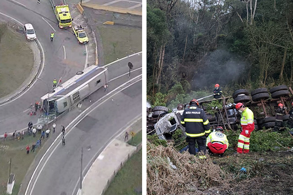 À esquerda, imagem aérea mostra ônibus tombado em alça de rodovia; à direita, bombeiros aparecem em região de mata em acostamento de rodovia em meio a destroços de caminhão, fumaça aparece no meio dos destroços