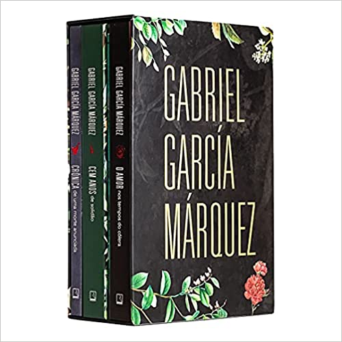O box com três livros de Gabriel García Márquez. É preto, com detalhes de folhas e o título em branco