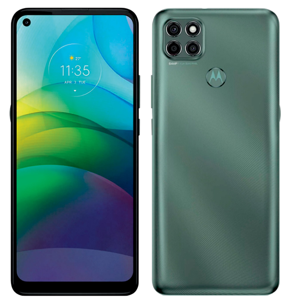 Um celular smartphone verde-água com tela inicial colorida