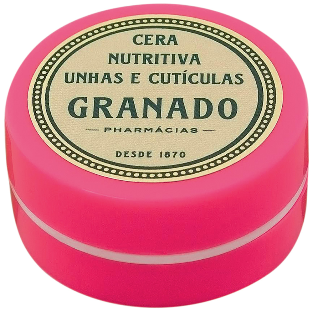 Pacote do item Cera para unhas da Granado. É rosa com verde e bege