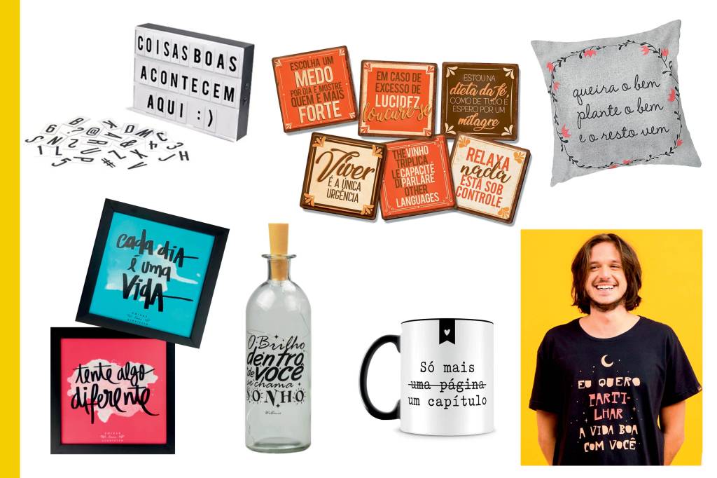 Montagem com produtos que possuem frases estampadas: quadrinhos, camiseta, caneca, garrafa luminária, letreiro, almofada e porta-copo