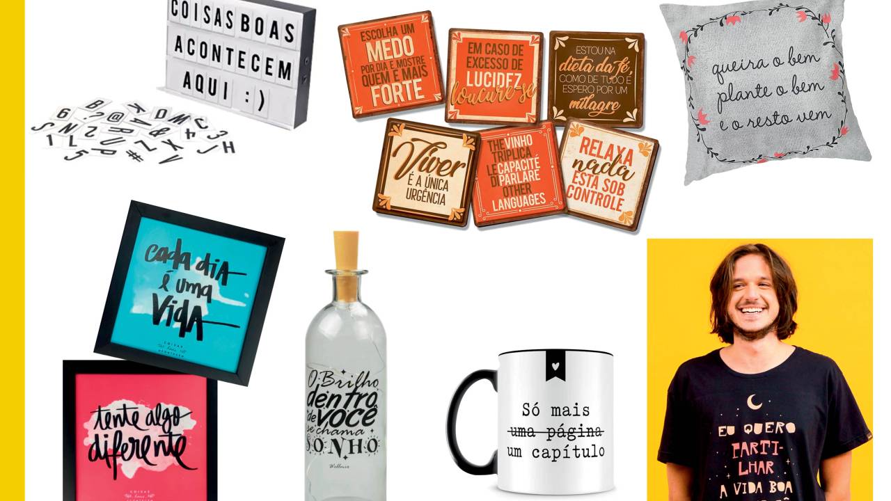 Montagem com produtos que possuem frases estampadas: quadrinhos, camiseta, caneca, garrafa luminária, letreiro, almofada e porta-copo