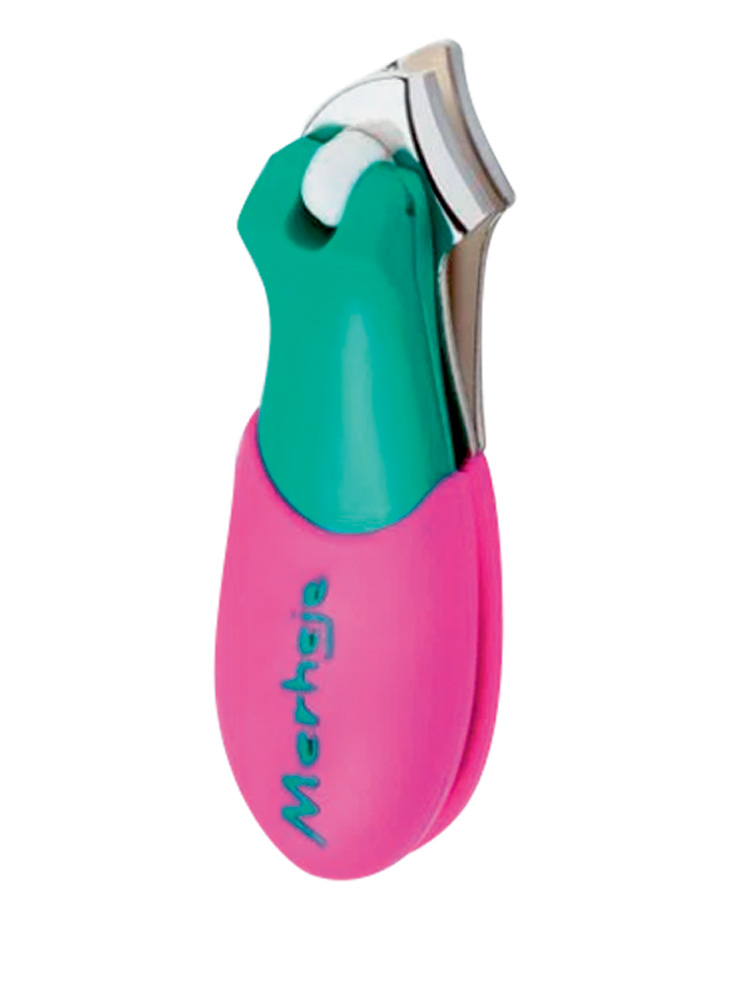 cortador de unha.png Um cortador de unhas rosa com ponta verde. De silicone