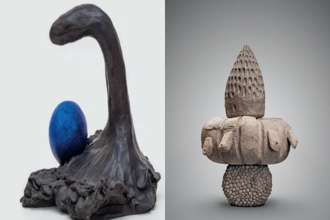 imagem dividida em duas: à esquerda, a obra Tarsila com Koons e, à direita, Vênus Libere Seus Mamilos, obras de Erika Verzutti