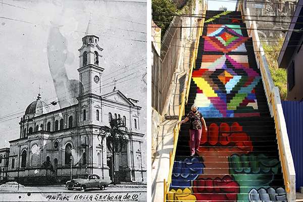 Montagem mostra, à esquerda, foto dos anos 1950 da Paróquia Nossa Senhora do Ó; à direita, foto de escadão, com punhos e losangos coloridos. Mulher desce a escadaria no momento da foto