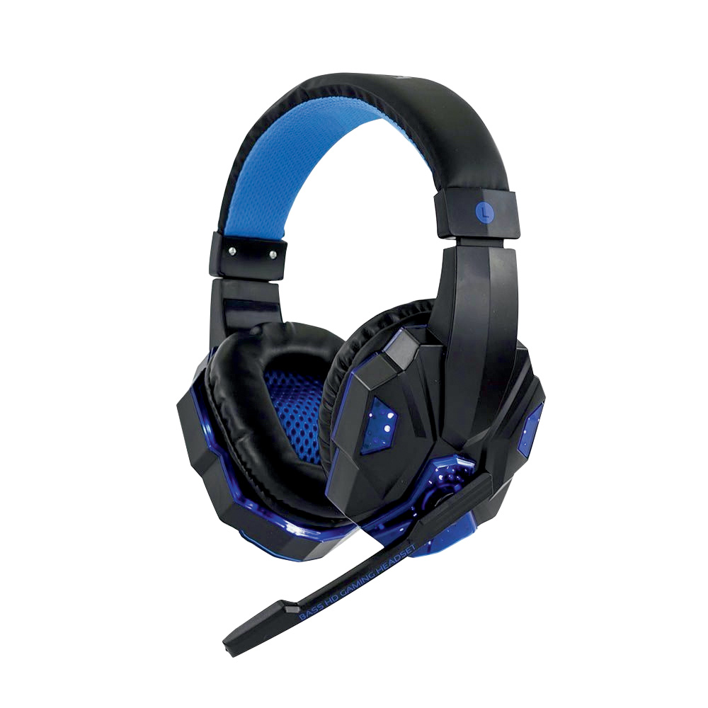 Um fone de ouvido modelo headset com microfone preto. Tem detalhes em azul escuro