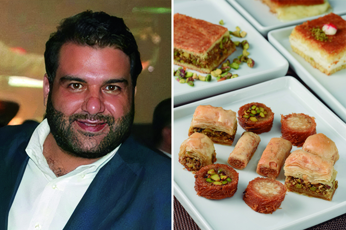 Duas imagens verticais unidas por linha branca. À esquerda o empresário Issam Sidom de camisa social e terno. À direita doces libaneses variados em prato de louça branca quadrado.