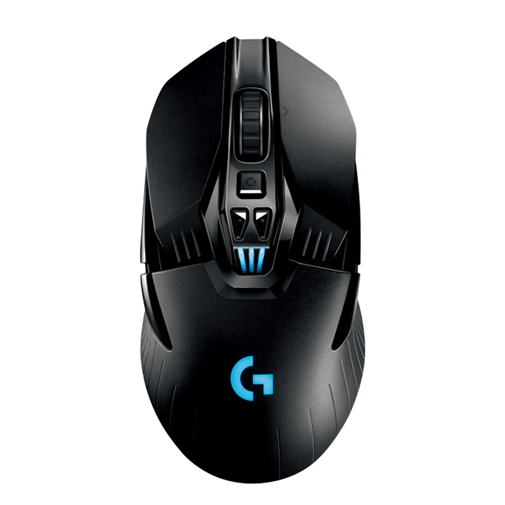 Um mouse sem fio preto com um pequeno detalhe em azul (o logo)