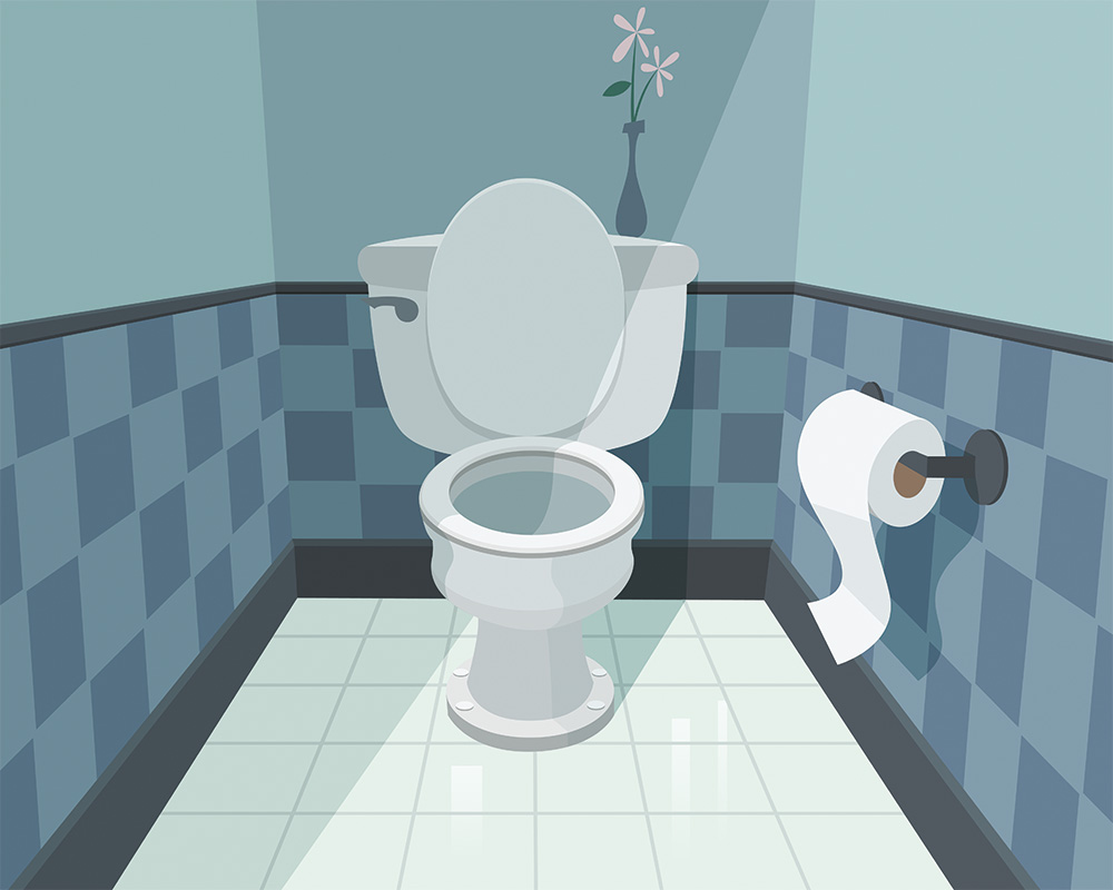 arte de banheiro azul, com vaso sanitário branco e com tampa aberta e flor em cima da caixa de água. o papéu higiênico está ao lado