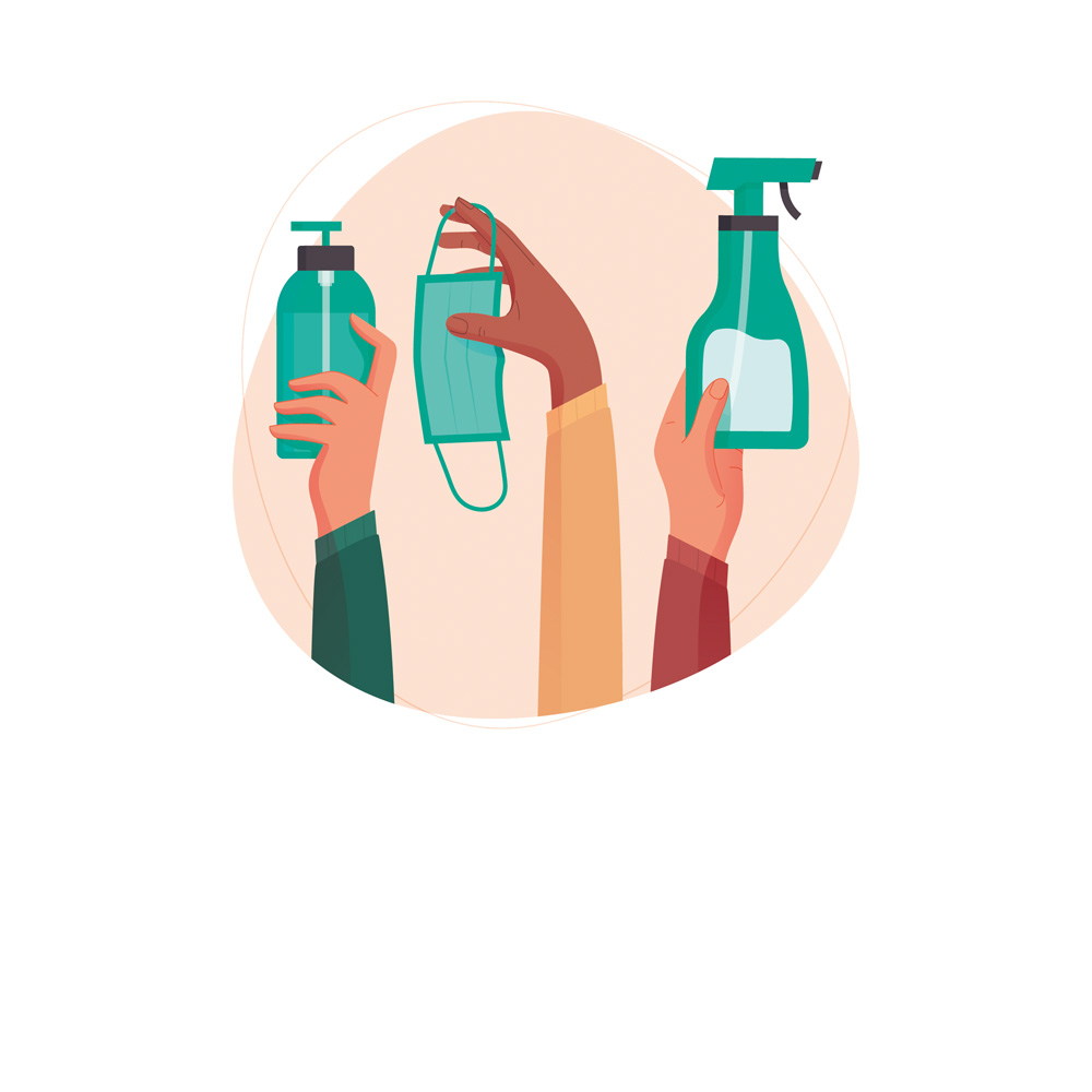 arte de mãos segurando produtos de higiene e proteção contra o coronavírus. ao todo, há três mãos, segurando uma máscara, um frasco de álcool em gel e um aspergidor. o fundo é redondo e rosa