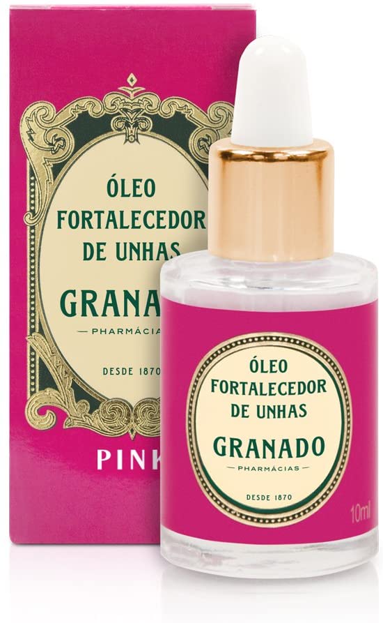 Pacote e conta gotas do item óleo para unhas da Granado. É rosa com verde e bege