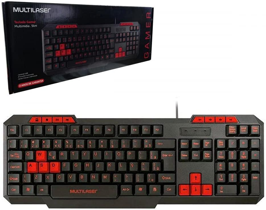 Teclado preto com algumas teclas destacadas em vermelho