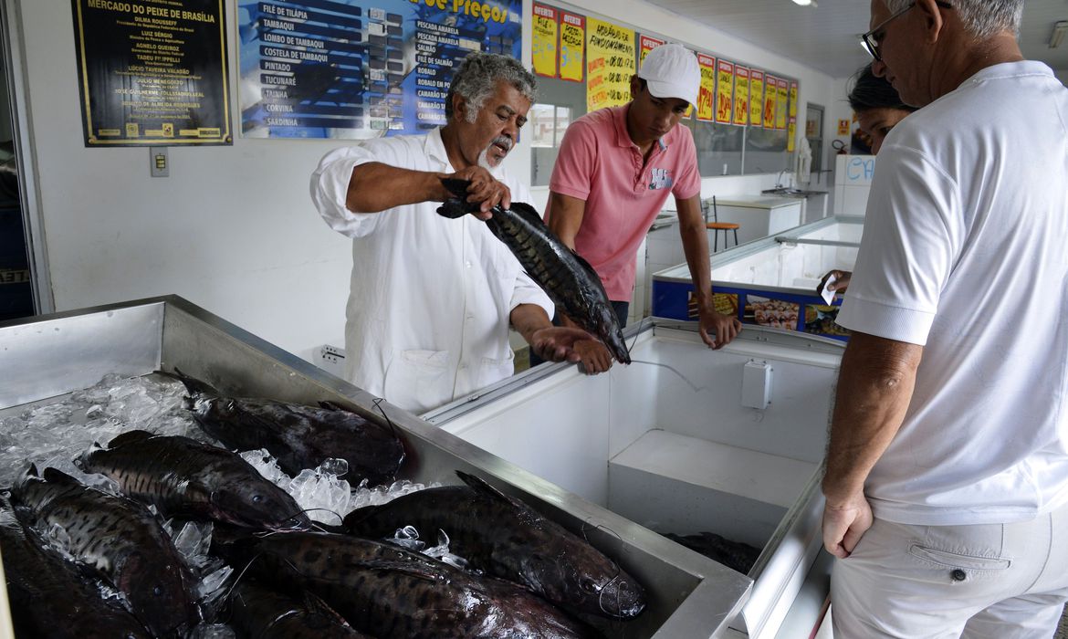 A imagem mostra peixe sendo comercializado